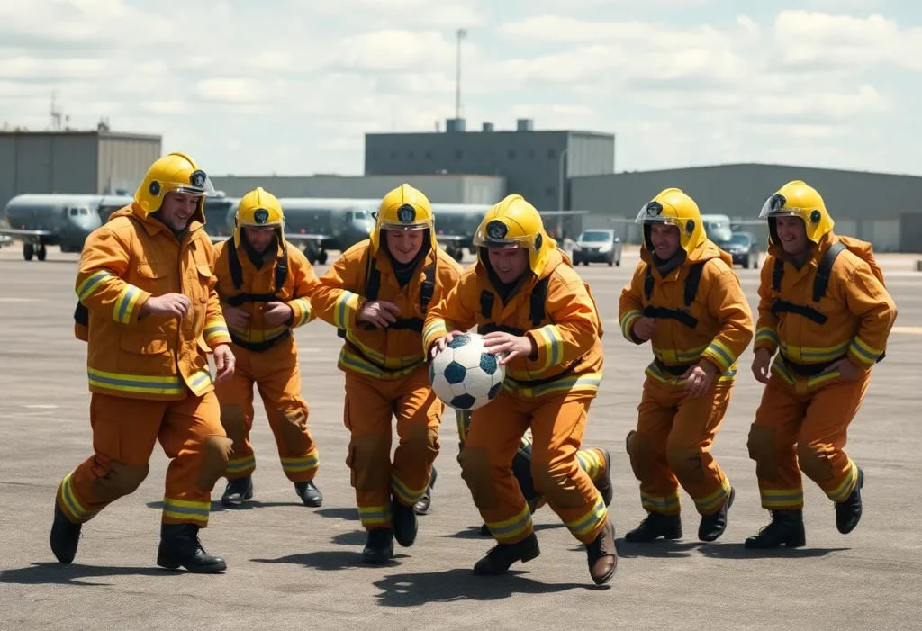 Firefighters in asbestos suits playing football at Bergstrom Air Force Base.