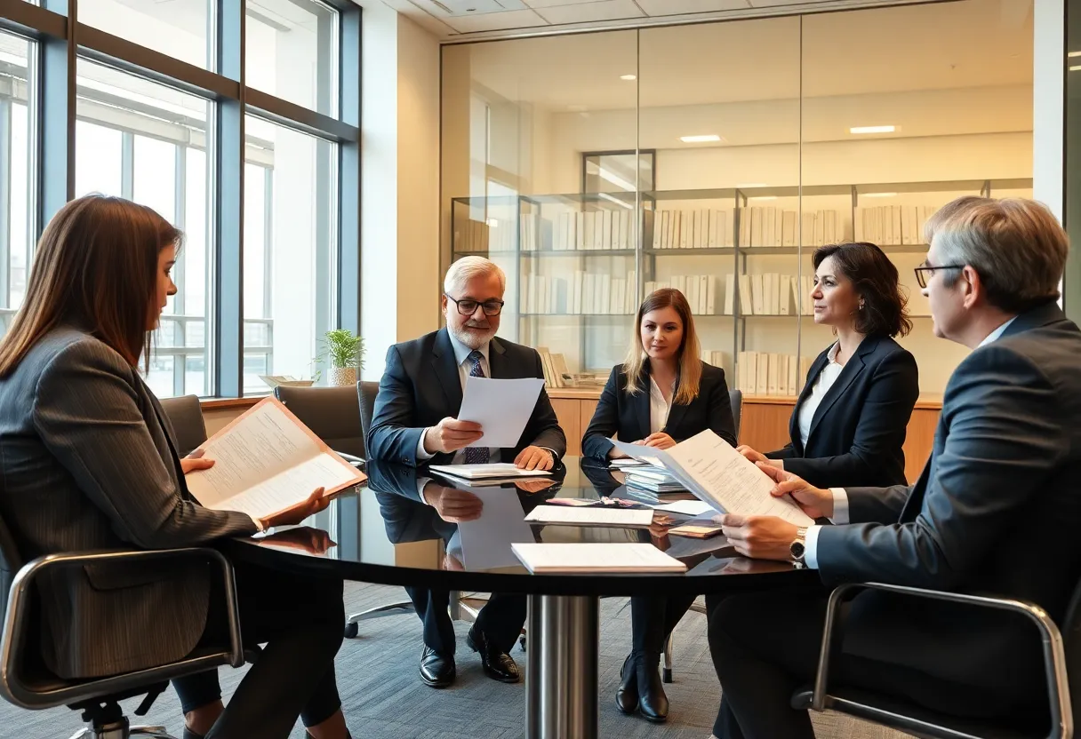 Legal professionals discussing asbestos litigation strategies in a modern law office.