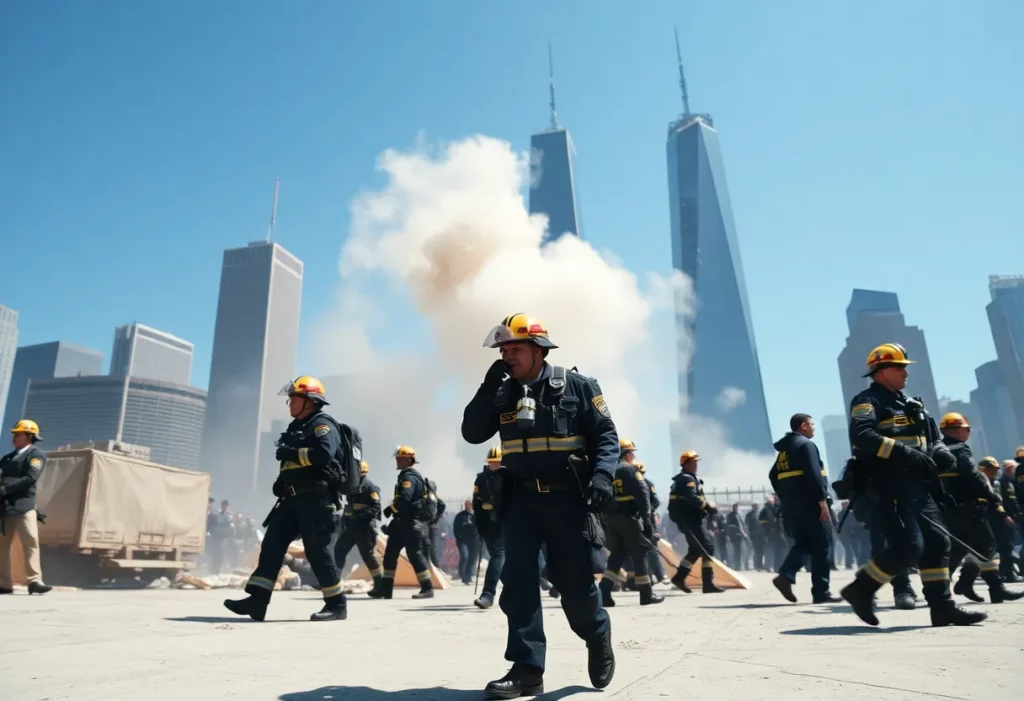 First responders at Ground Zero surrounded by debris and dust
