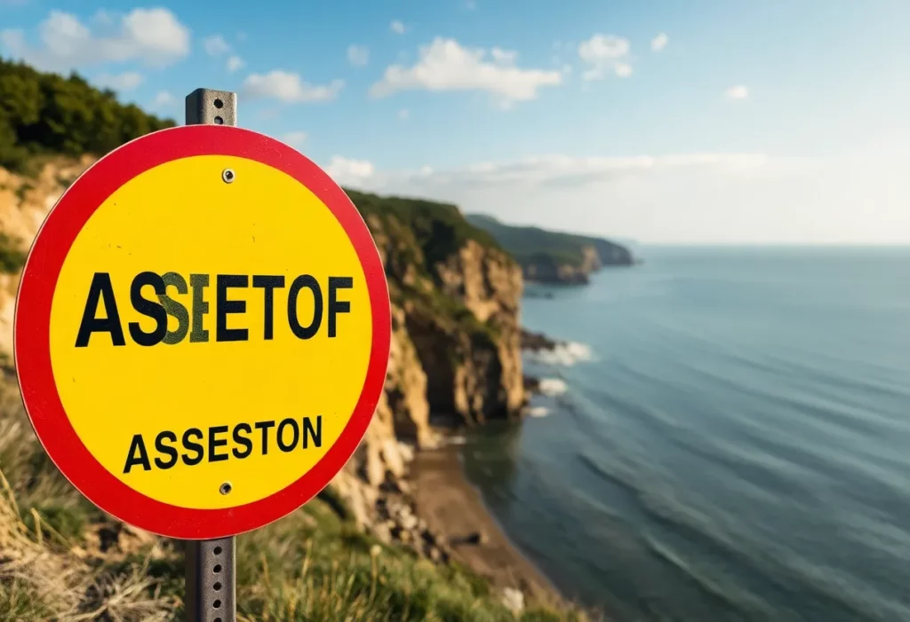 A warning sign about asbestos near a serene beach setting.