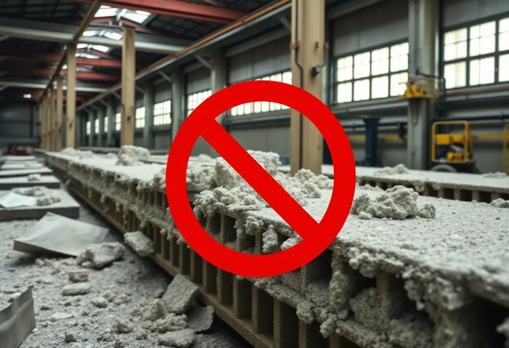 Illustration depicting the removal of asbestos materials in favor of safer alternatives.