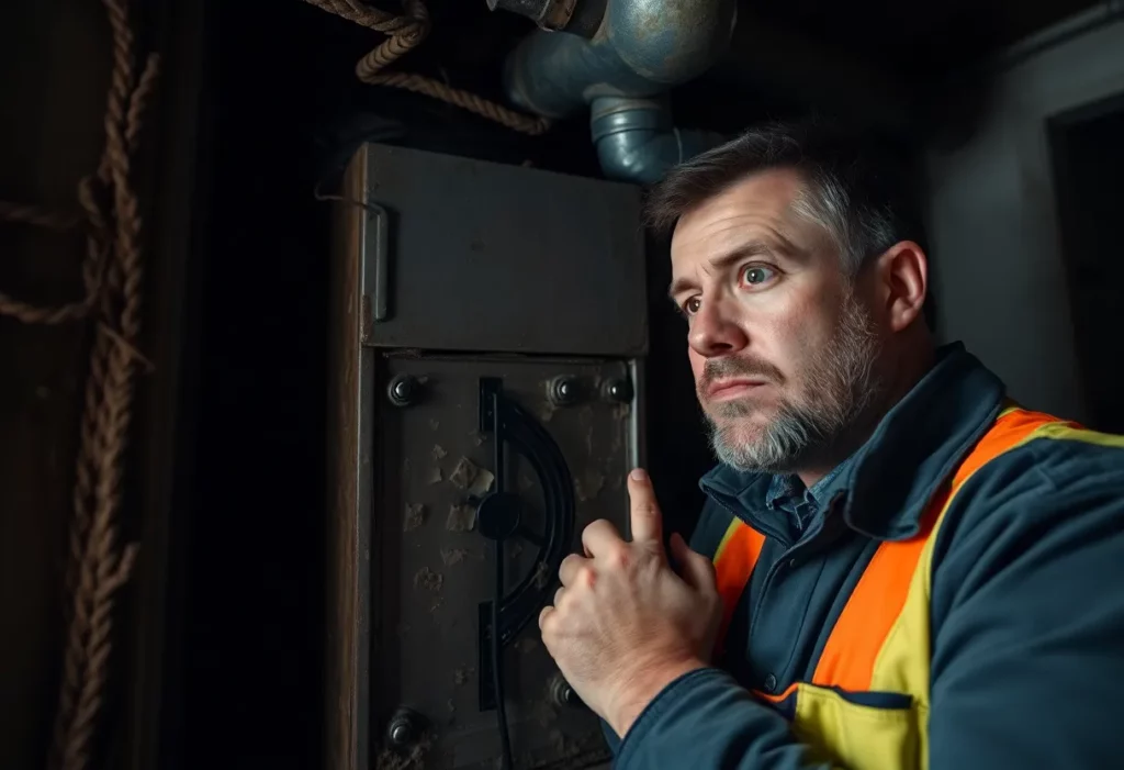 HVAC technician examining old heating system with asbestos insulation