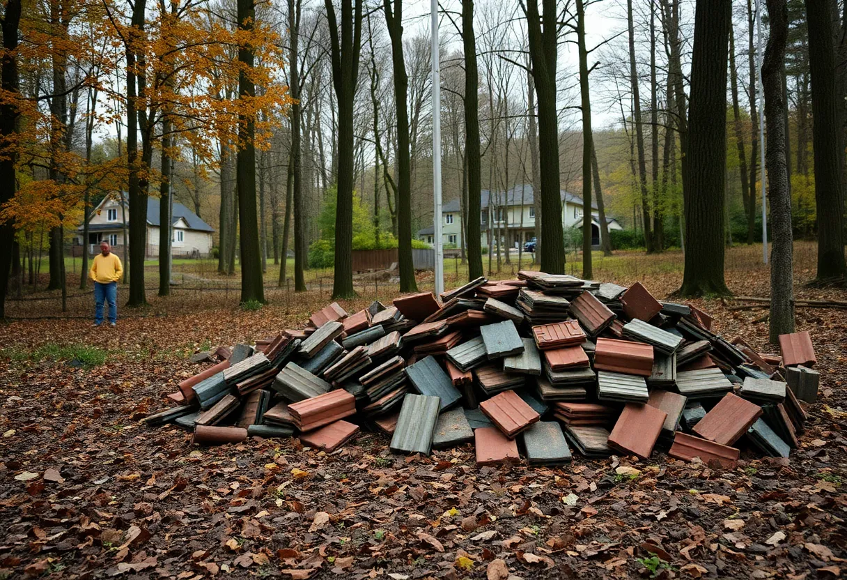 A forested area showing illegal dumping of asbestos tiles.