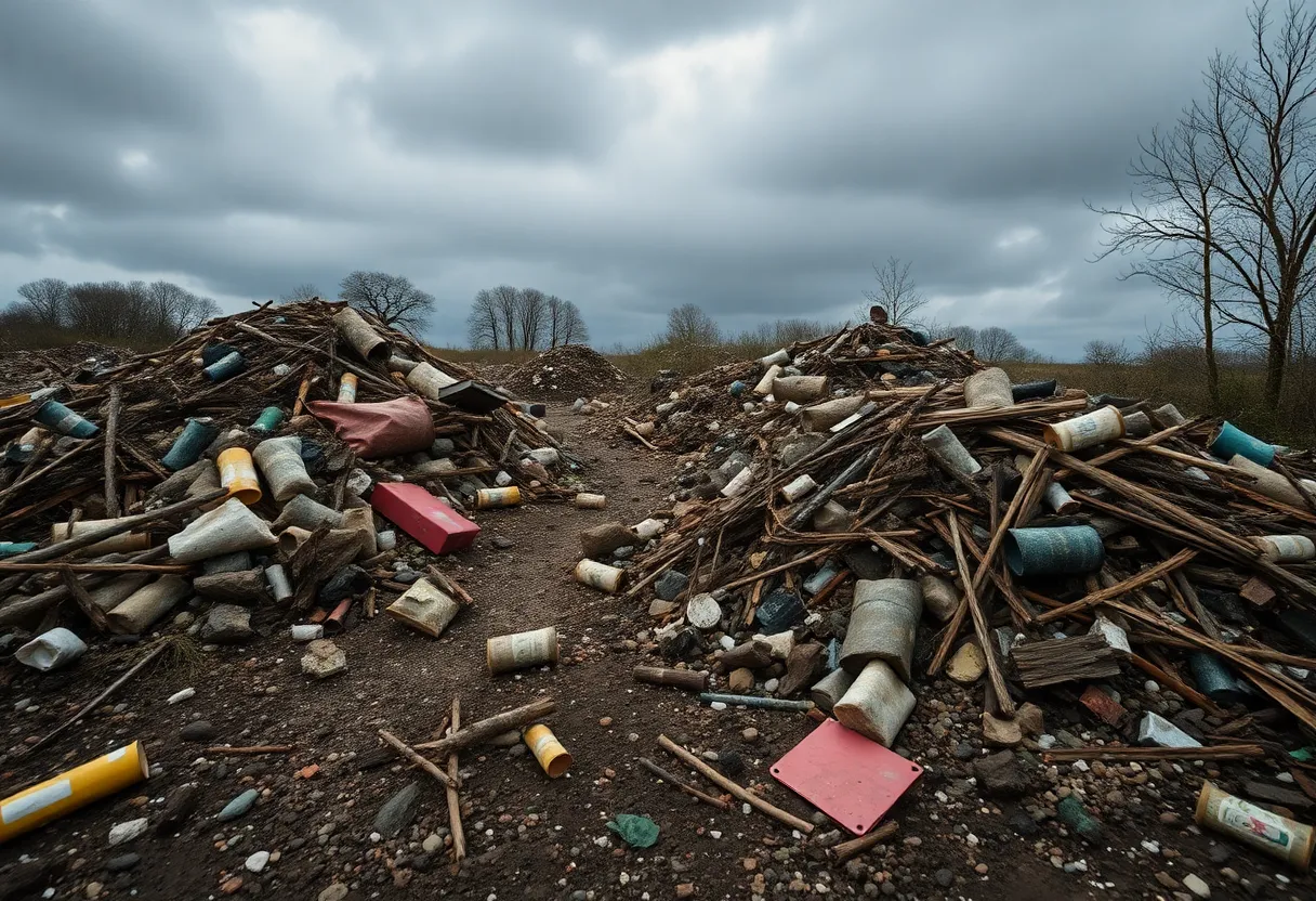 A view of an illegal waste disposal site with hazardous materials.