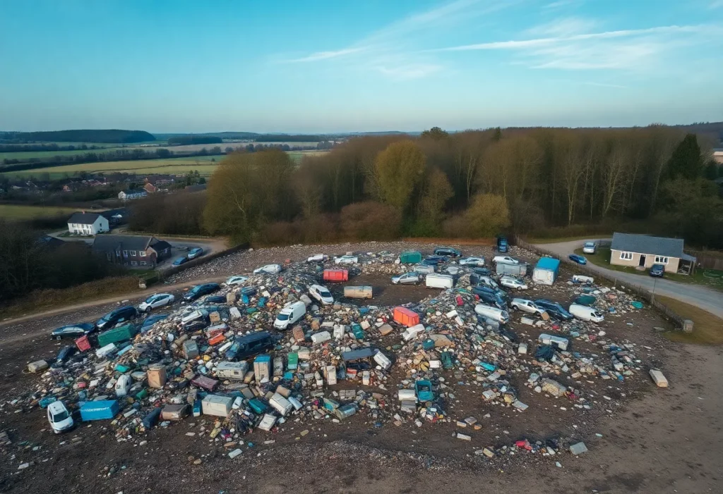 Aerial view of the illegal waste site in Woburn Sands showing piled waste and surrounding areas.