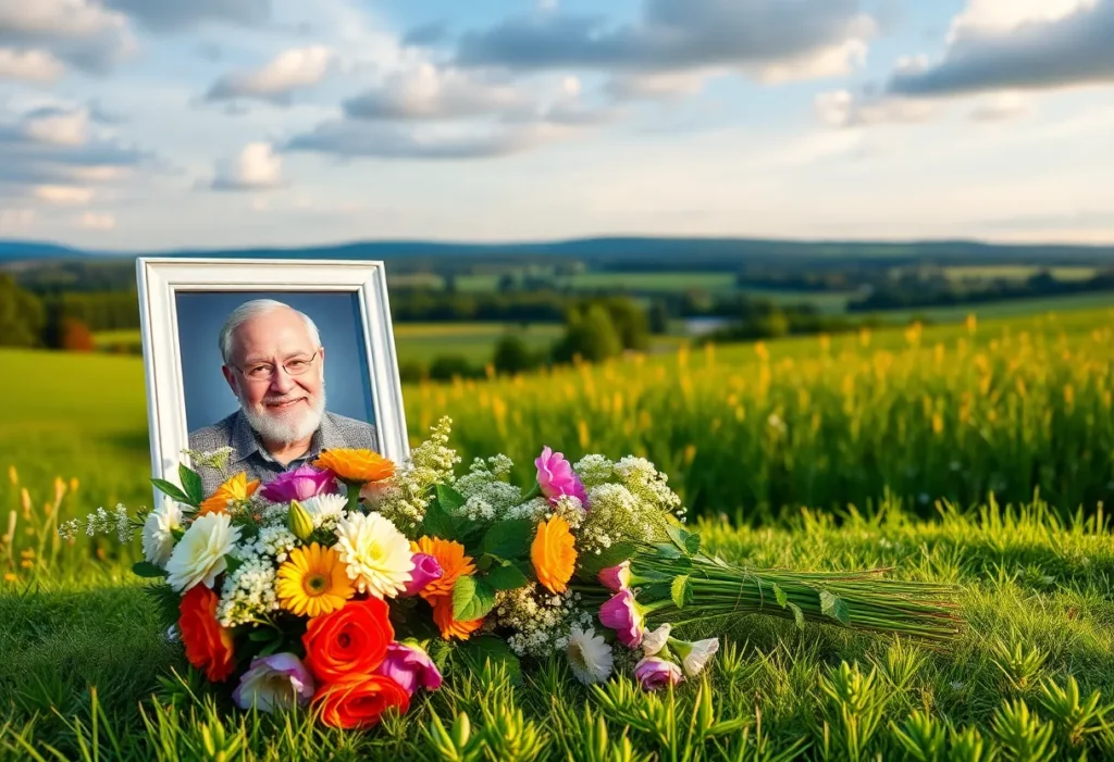 Memorial tribute for Jack Wayne Area featuring flowers and a photo.