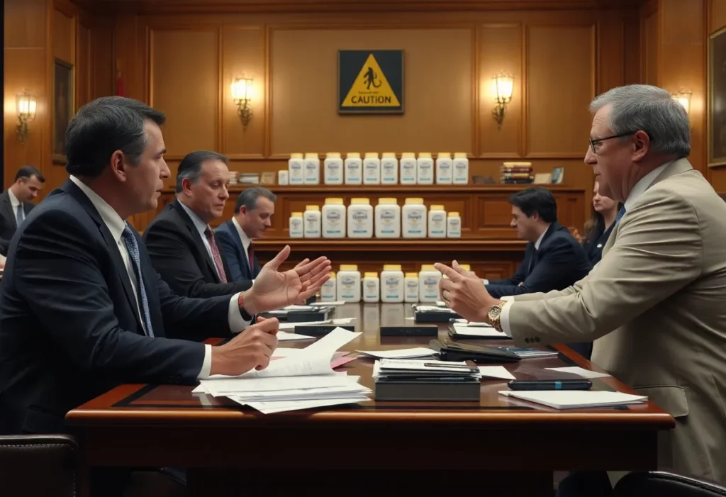 Courtroom with lawyers and Johnson & Johnson baby powder products