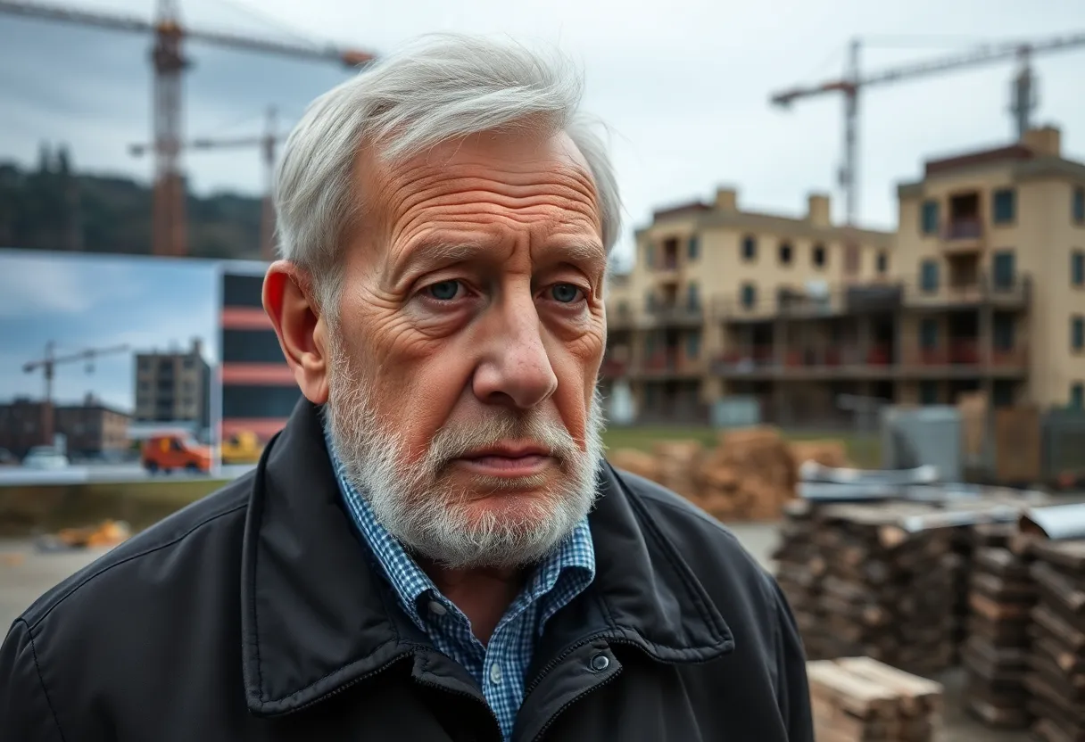 Elderly man dealing with mesothelioma, with construction background