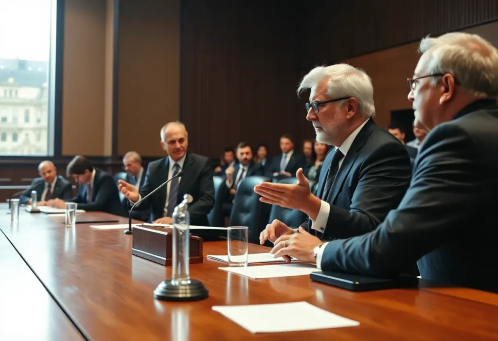 Courtroom scene depicting Johnson & Johnson bankruptcy hearing