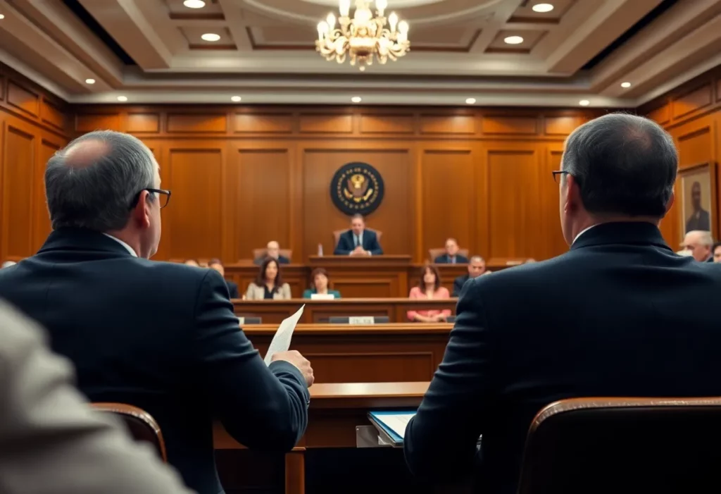 Courtroom scene focused on the Johnson & Johnson talc lawsuit