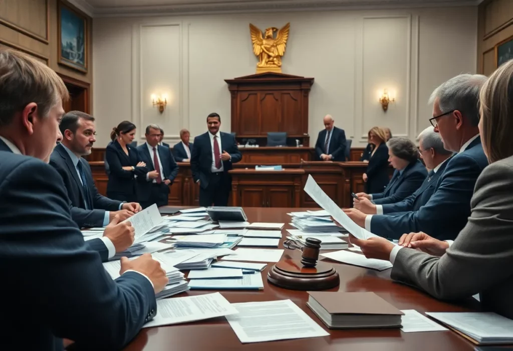 Courtroom scene representing legal battle over Johnson & Johnson talc claims