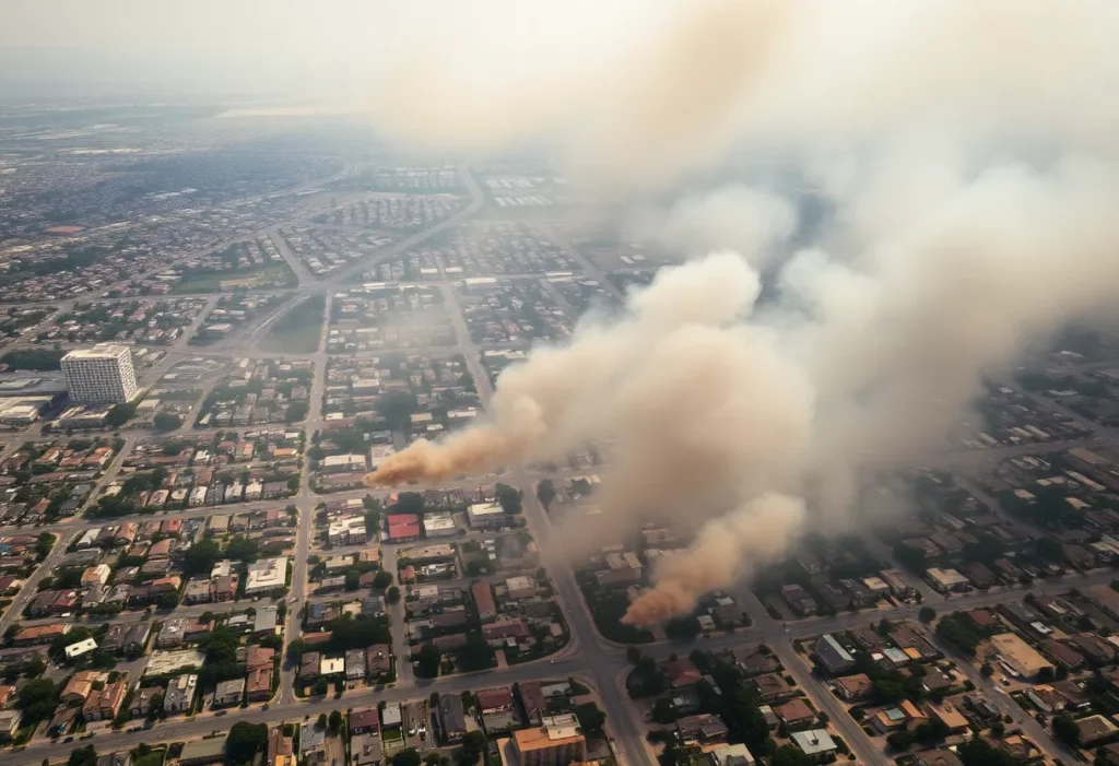 Aerial view of post-fire Los Angeles showing extensive ash and smoke damage.