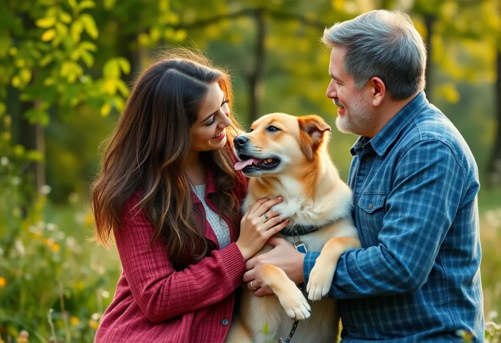 A couple enjoying a peaceful moment in nature with their black labrador dog.