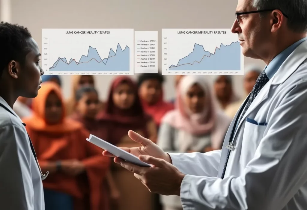 Medical professional examining lung cancer mortality statistics