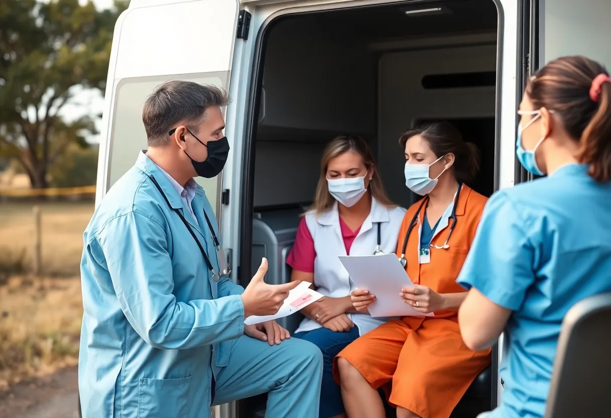Healthcare professionals performing lung health checks at a mobile clinic.