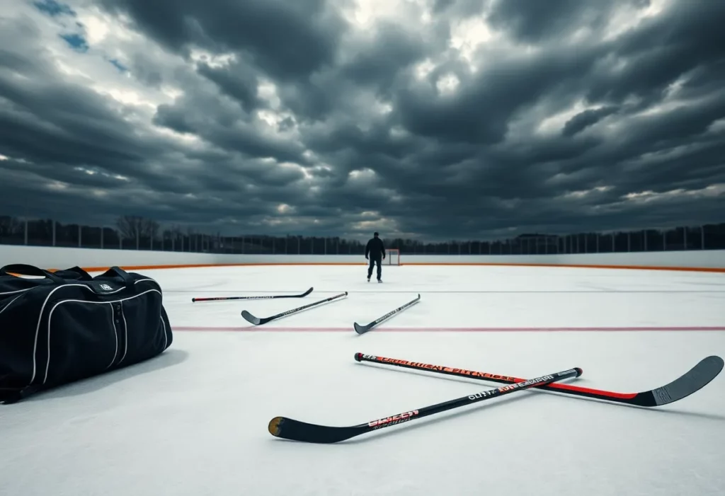 Empty hockey rink with a duffel bag and sticks