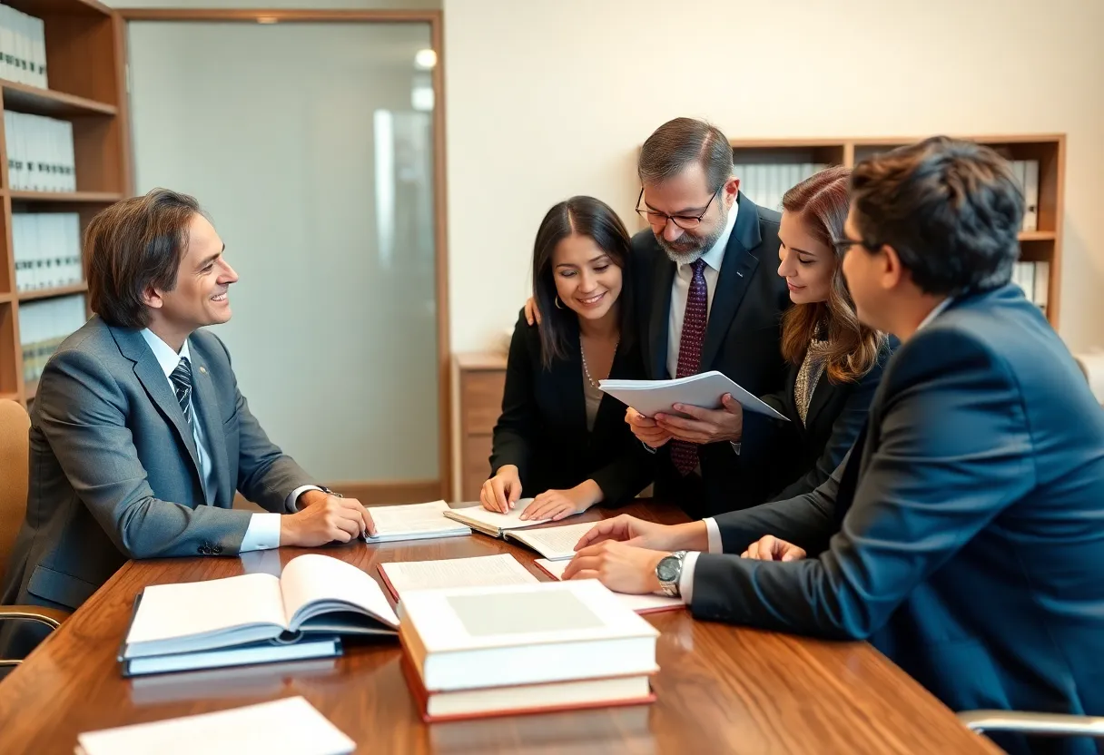 Lawyers collaborating in an office to support mesothelioma victims