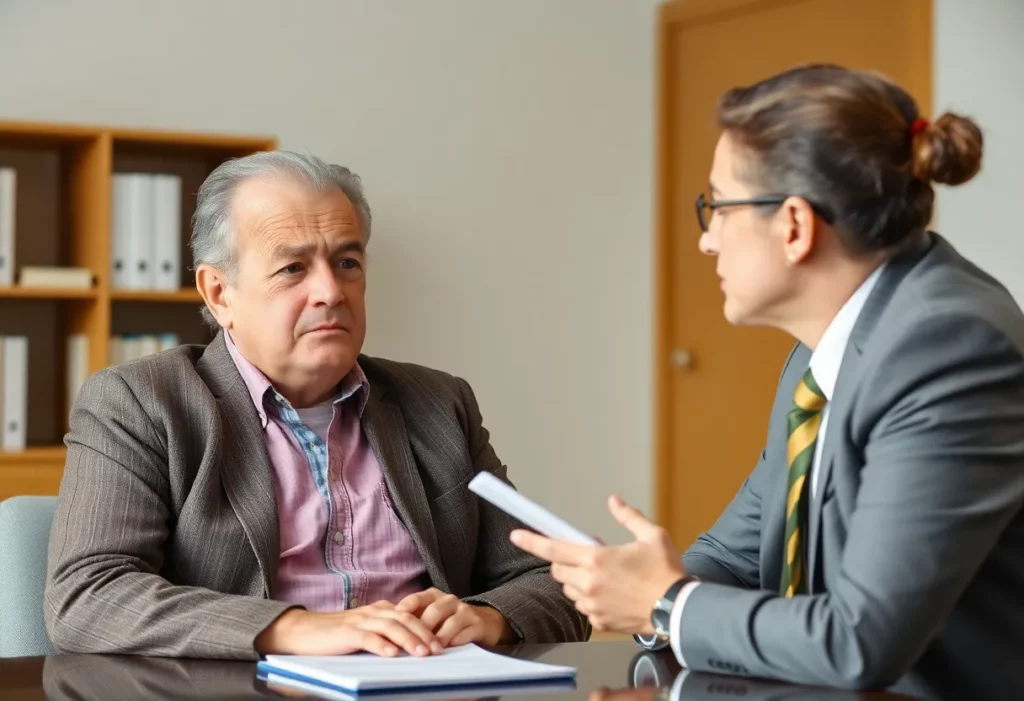 A mesothelioma patient consulting with a lawyer for financial compensation