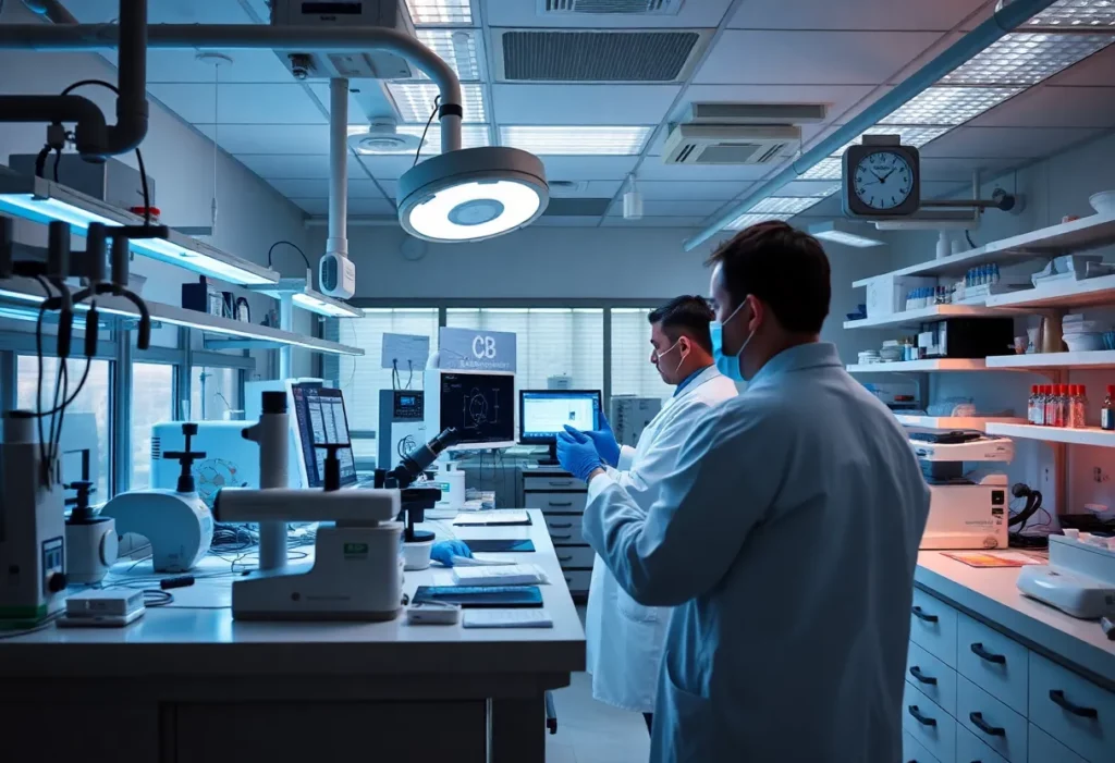 Researchers in a laboratory focused on mesothelioma treatment advancements.