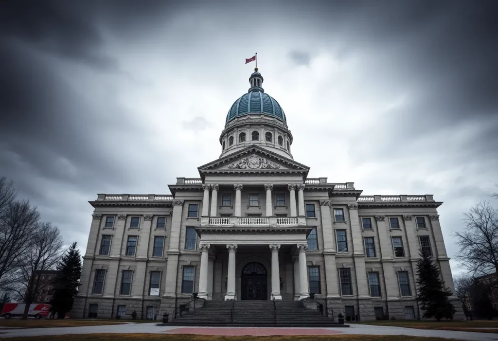 Montana State Capitol with a somber tone reflecting asbestos legislation.