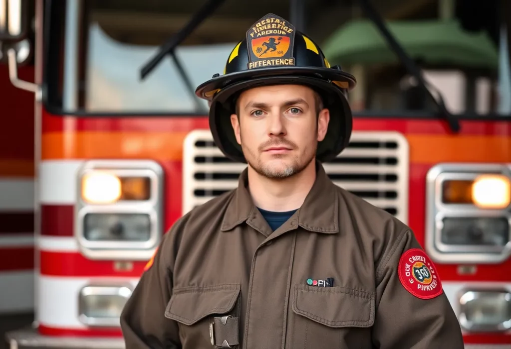 Firefighter in uniform standing by fire truck, advocating for cancer benefits