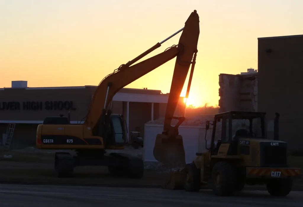 Heavy machinery at the Oliver Springs High School demolition site during sunset.