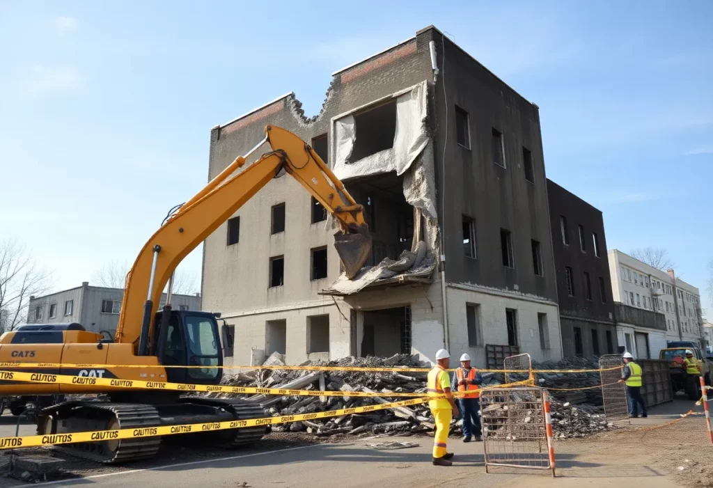 Construction workers demolishing a building filled with asbestos material in Penobscot County.
