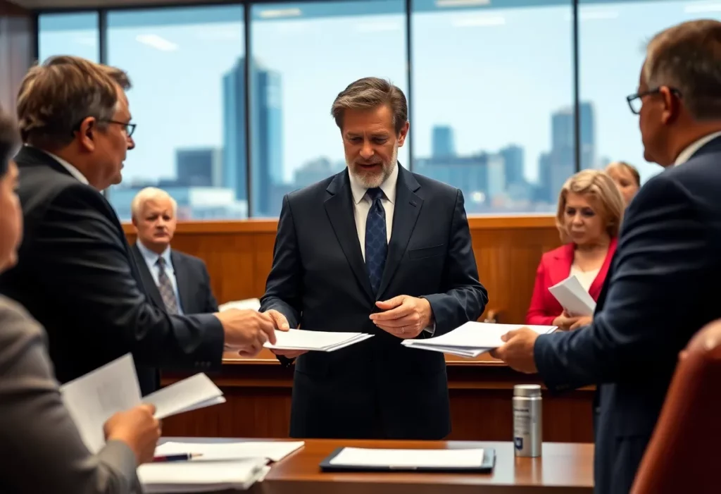 Peter Angelos discussing legal matters in a courtroom setting.