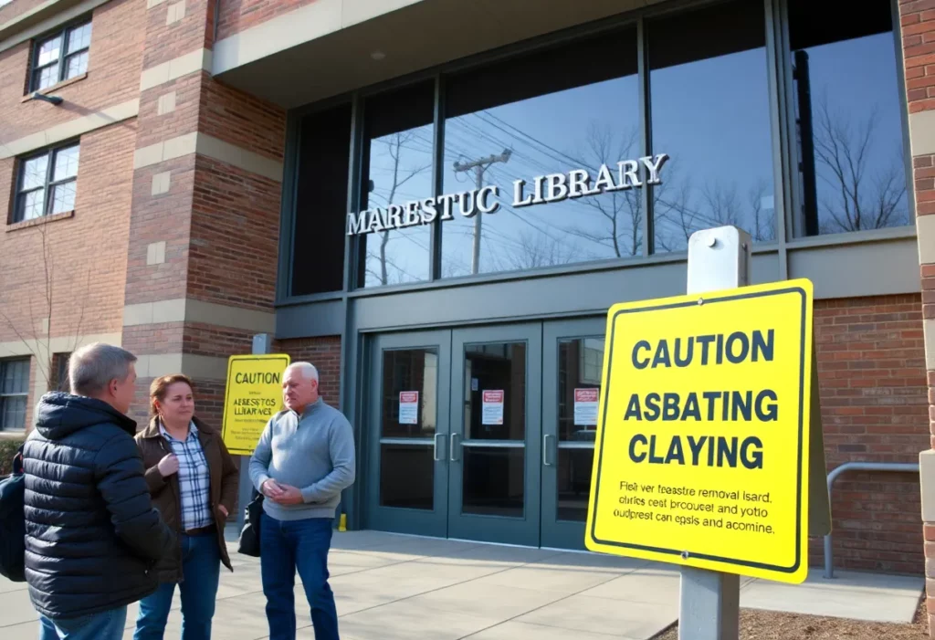 Pinner Library with caution signs regarding asbestos removal