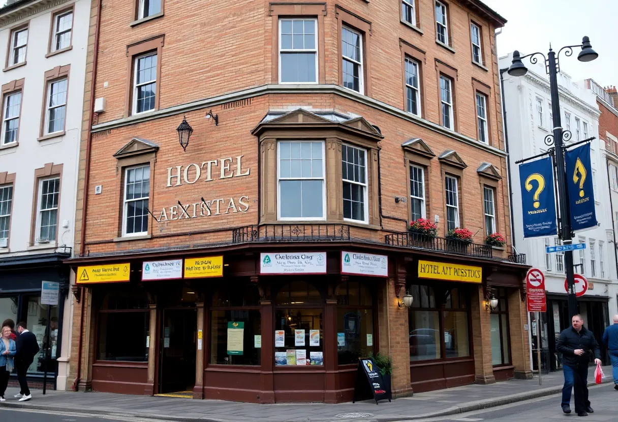 Facade of the Queens Hotel with signs indicating asbestos concerns.