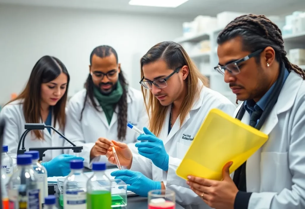 A team of researchers studying samples related to mesothelioma in a laboratory.