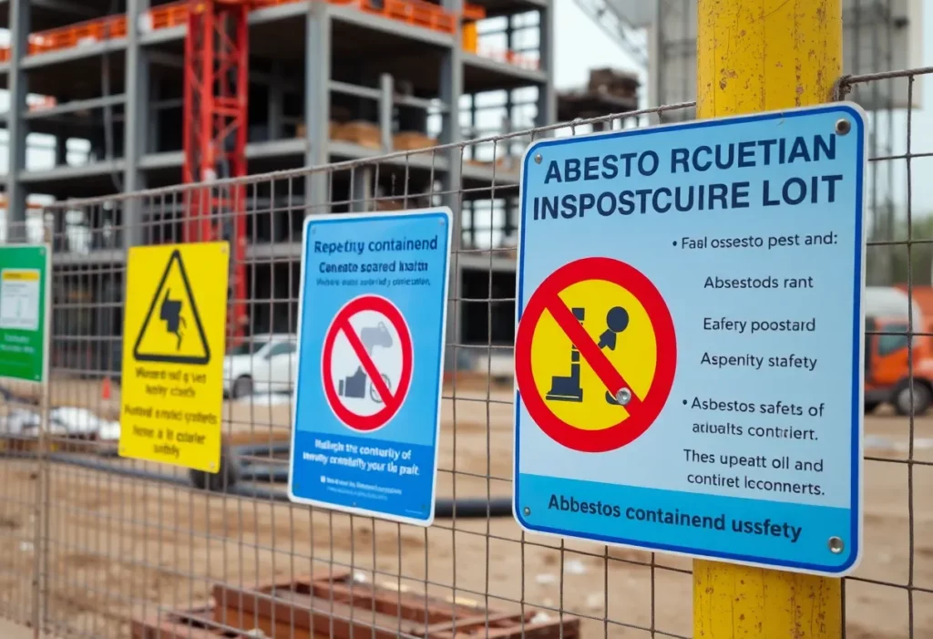 A construction site depicting safety signage regarding asbestos and health regulations.