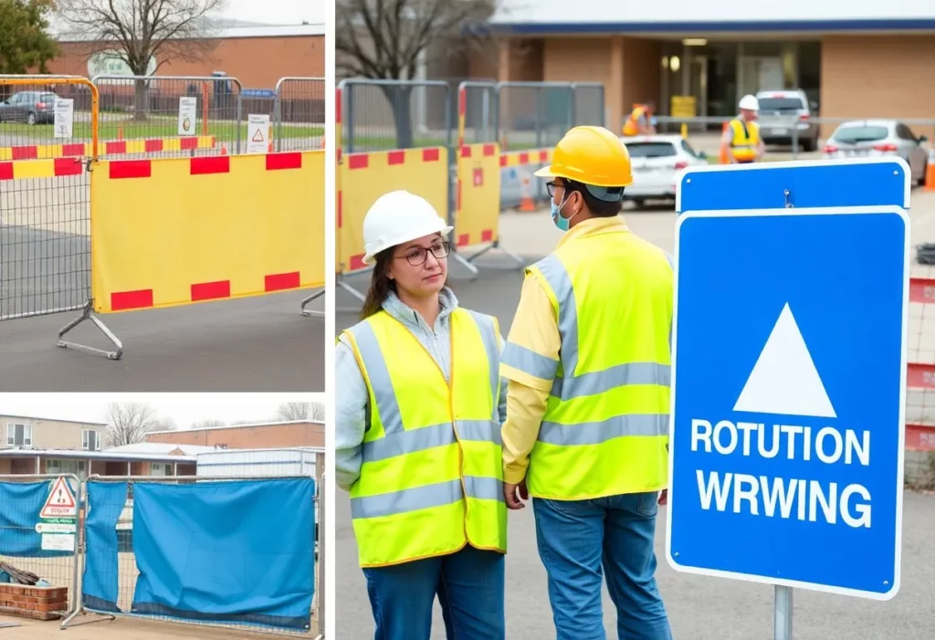 Construction site at a school with workers and safety barriers.