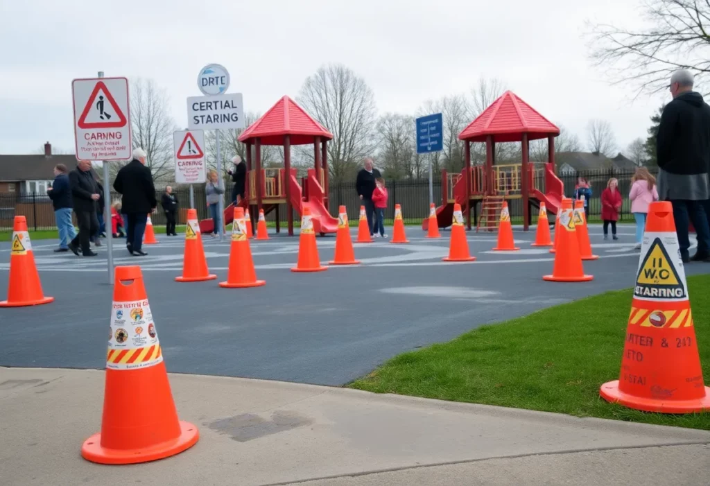 Contaminated playground in Sint-Niklaas with warning signs