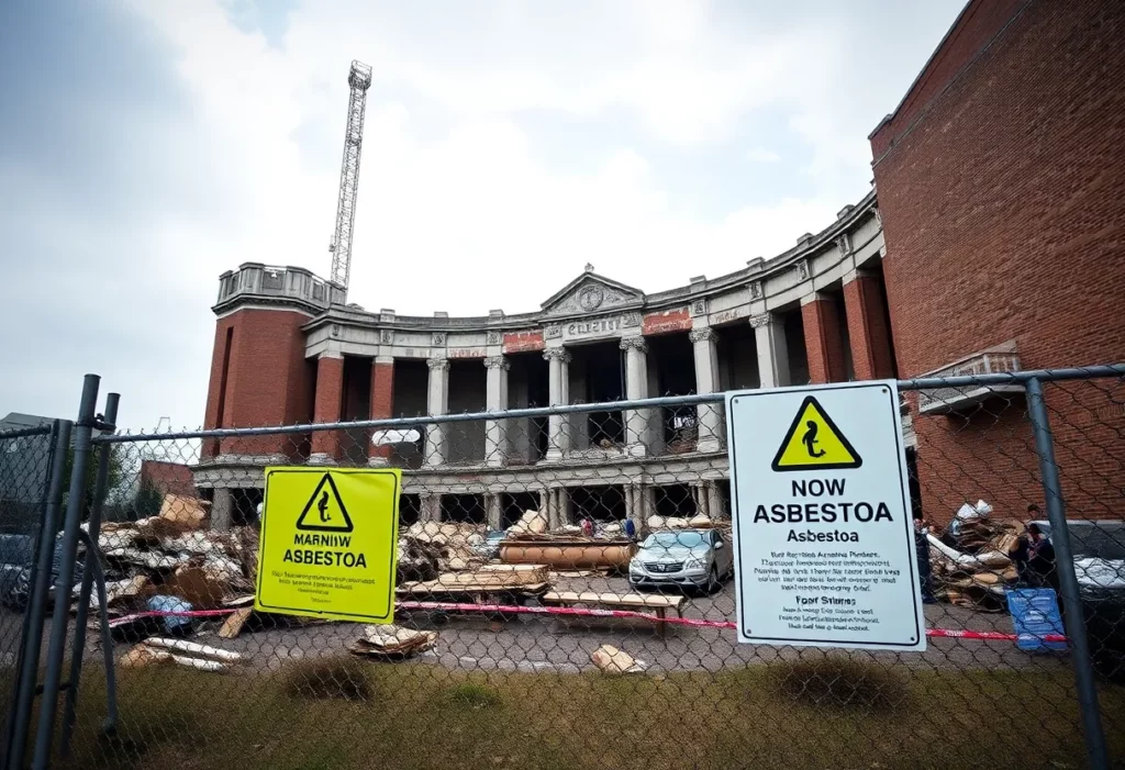 Demolition site of the Sioux City Auditorium with asbestos warning signs