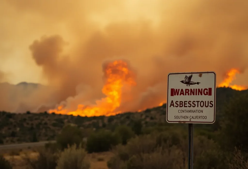 Wildfires in Southern California with asbestos warning sign