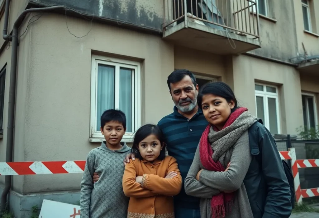 A distressed family standing outside their damaged flat in Southwark, illustrating the housing crisis and asbestos concerns.
