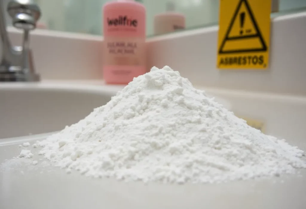 Close-up of talc powder with an asbestos warning symbol