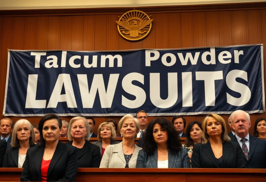 Courtroom scene depicting talcum powder lawsuits with plaintiffs present.