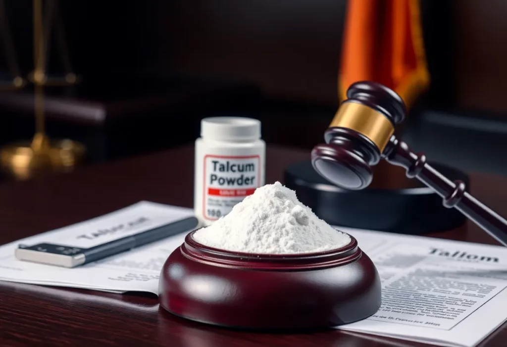 A courtroom setting illustrating talcum powder lawsuits