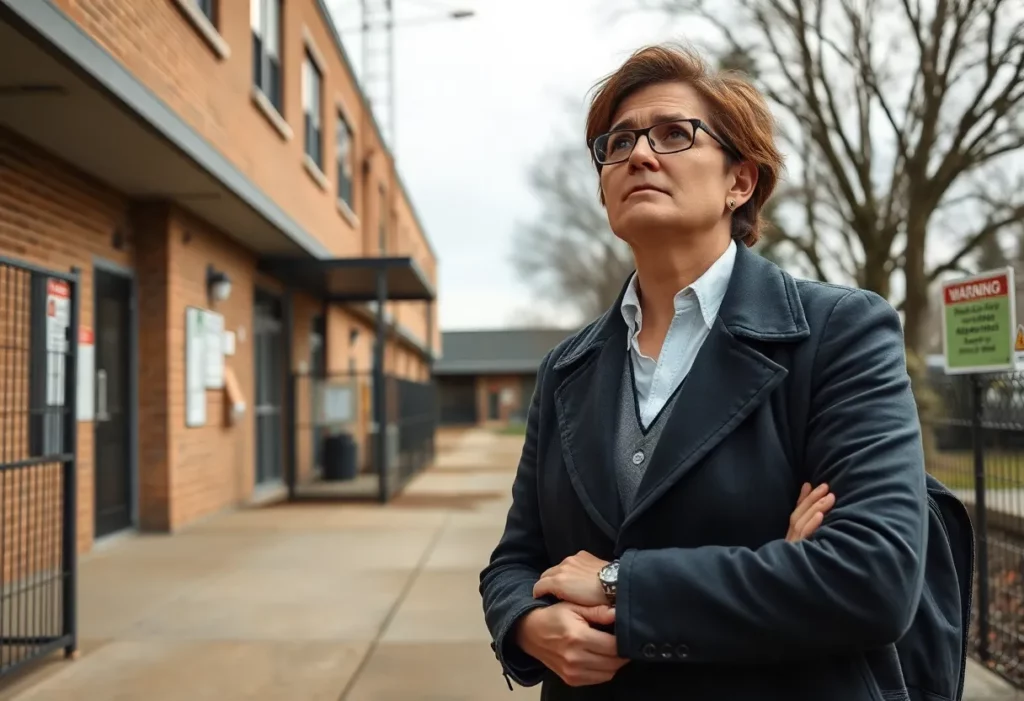 Teacher standing in front of school with asbestos warning sign