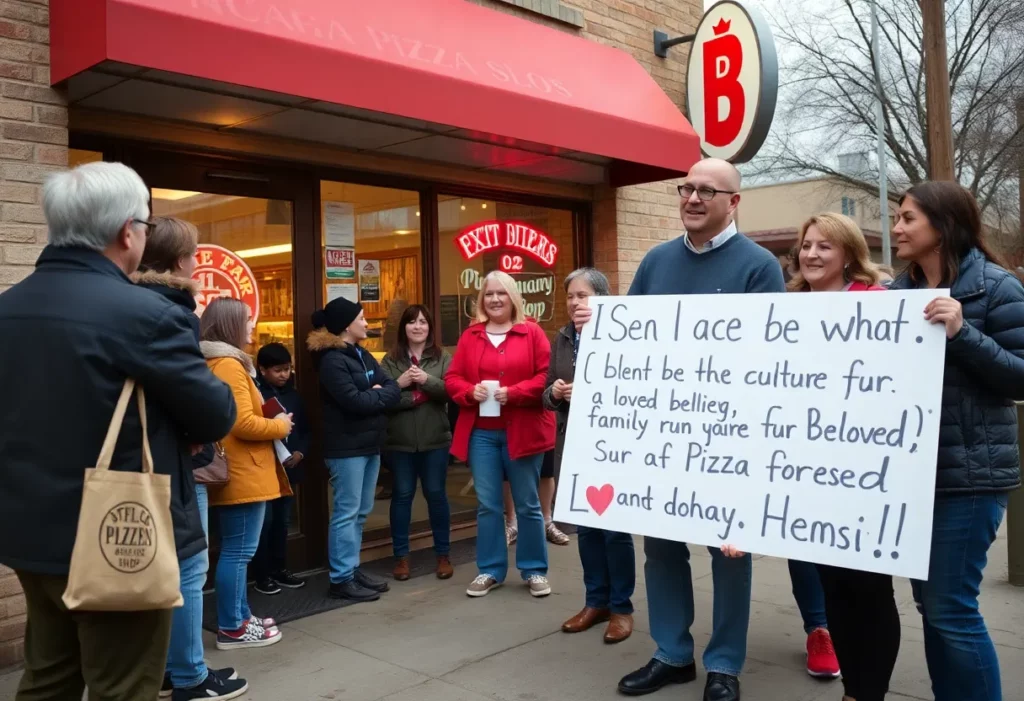 Community members rallying for Teddy's Pizza flood relief.