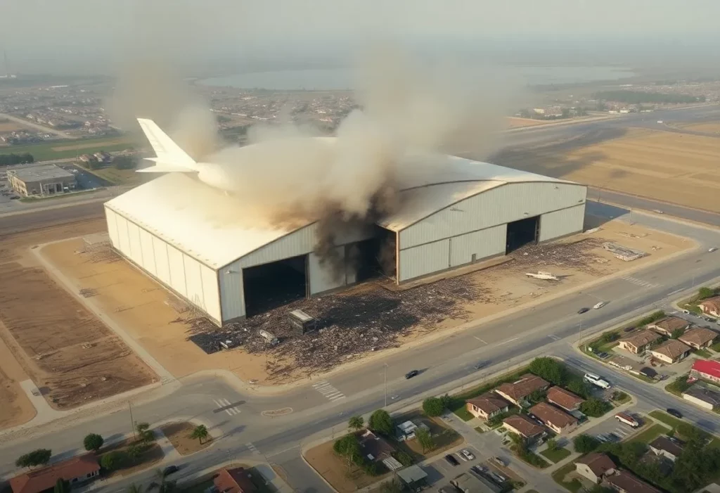 Debris and smoke from the Tustin Air Force Base blimp hangar fire with concerned community members.