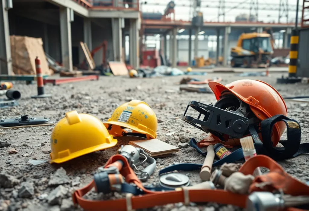 Workers at a construction site surrounded by hazardous materials and unsafe practices.