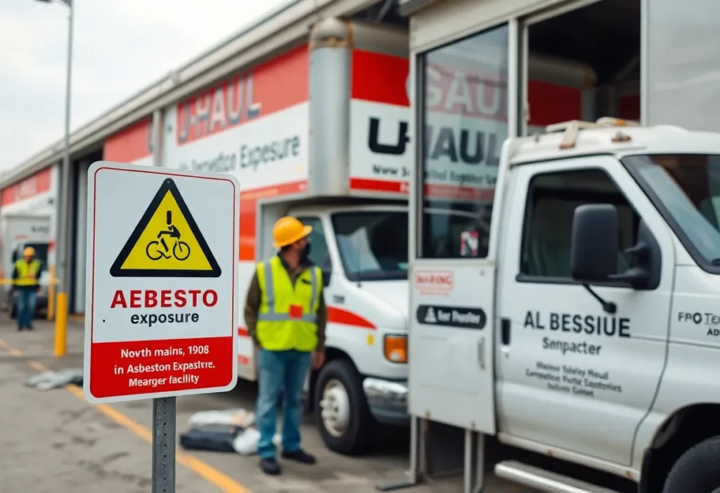 Warning sign for asbestos exposure outside U-Haul facility