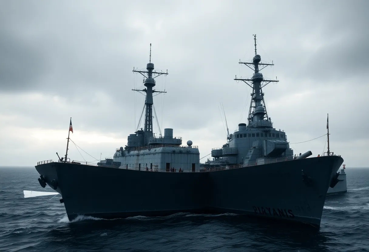 USS Haynsworth destroyer ship against a turbulent sea