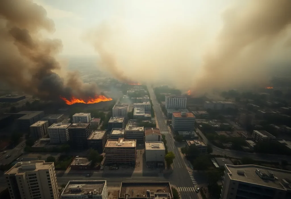 Aerial view of damaged buildings in Los Angeles wildfires with smoke in the air.