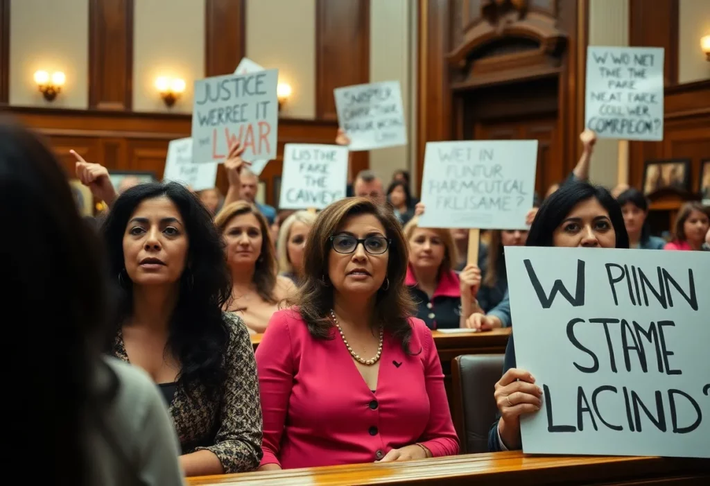 Women activists protesting against pharmaceutical companies in a courtroom setting.