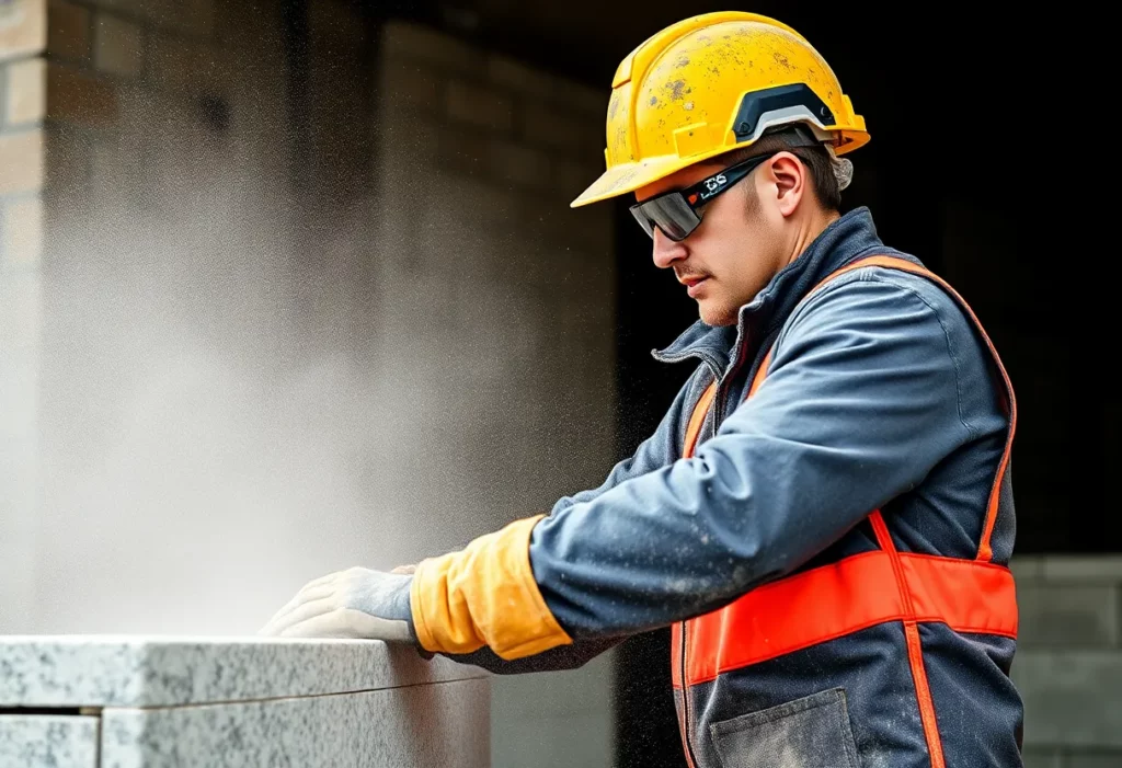 Construction worker in protective gear amidst silica dust