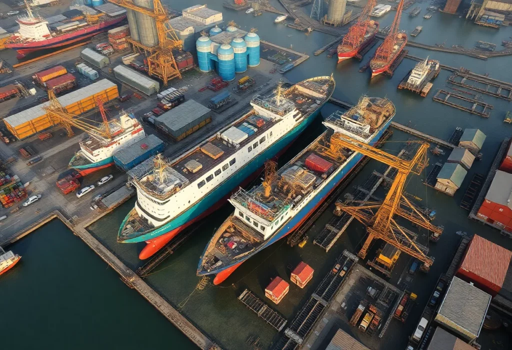Aerial view of Aliağa Ship Dismantling Facilities with ships and industrial activities.